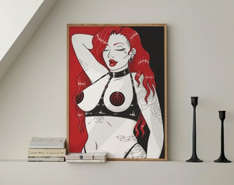 Gothic Pinup Art Print | Kinky Femdom, Red & Black (Ready To Hang)