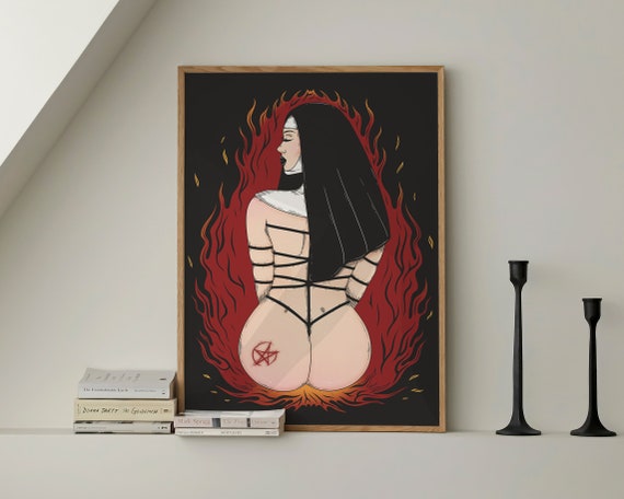 Satanic Nun Shibari Art Print | Kinky Erotic Poster, Ready To Hang