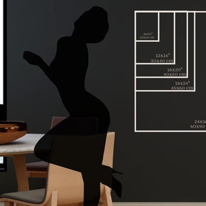 May include: A white frame with different size options for a print. The sizes are listed in inches and centimeters. The largest size is 24x36 inches or 60x90 centimeters.
