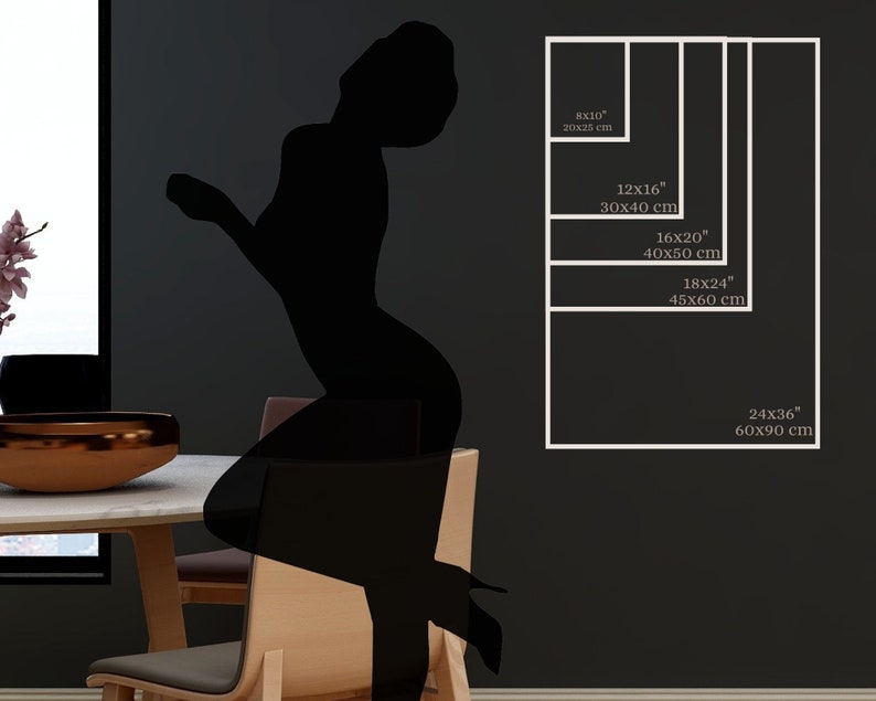 May include: A white frame with different size options for a print. The sizes are listed in inches and centimeters. The largest size is 24x36 inches or 60x90 centimeters.