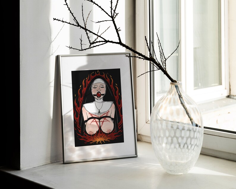 Satanic Nun Nude Bdsm Shibari Bondage Kinky Erotic Occult Art Print 