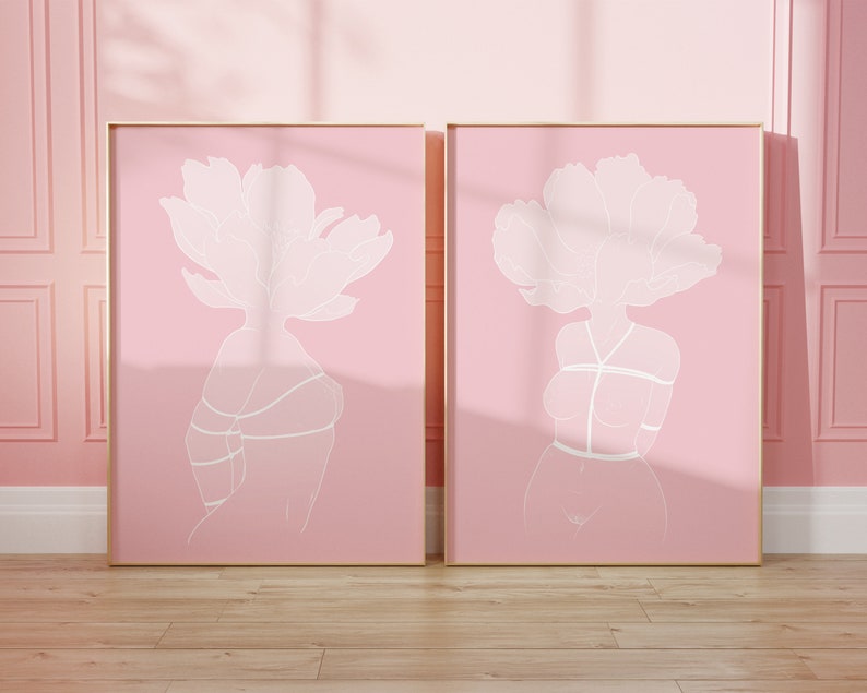2 Piece Wall Art Set Minimalist Shibari Floral Woman Line Art Etsy