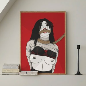 Minimalist Red Sensual Shibari Rope Japanese Bondage Art Print Large Above Bed Bedroom Wall Art Decor | Ready To Hang | Framed Poster