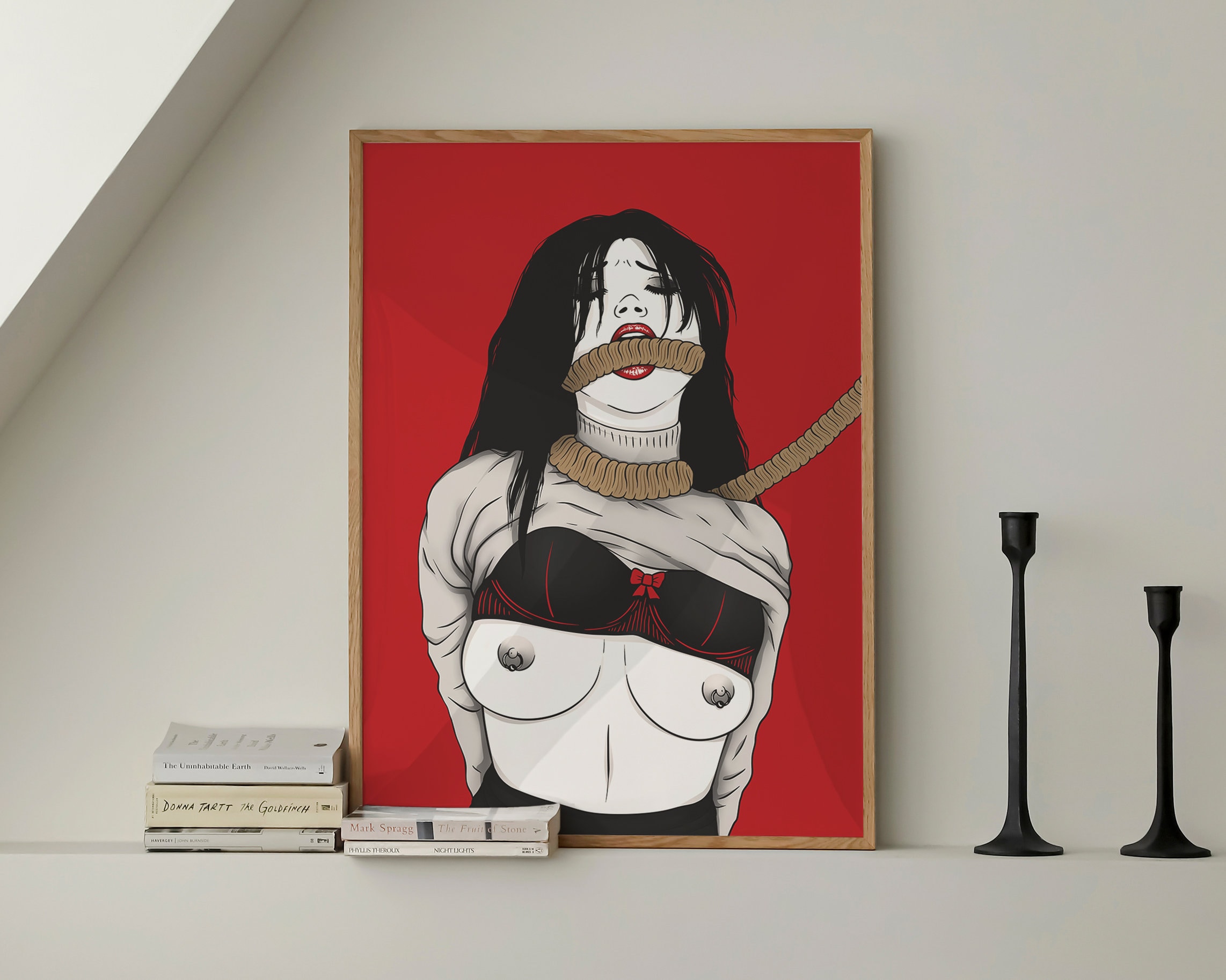 Minimalist Red Sensual Shibari Rope Japanese Bondage Art Print Large Above Bed Bedroom Wall Art Decor | Ready To Hang | Framed Poster