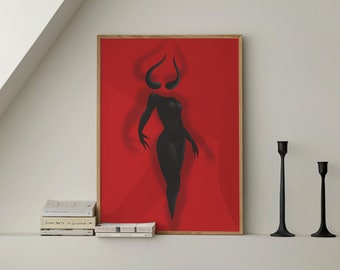 Satanic Occult Minimalist Red Black Demonic Witchcraft Art Print | Large Livingroom Bedroom Wall Art Decor | Ready To Hang | Framed Poster