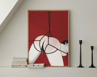 Minimalistyczny nowoczesny perwersyjny czerwony zmysłowy shibari bondage erotyczny wydruk artystyczny duża sypialnia nad łóżkiem dekoracja ścienna | gotowy do powieszenia | plakat w ramie