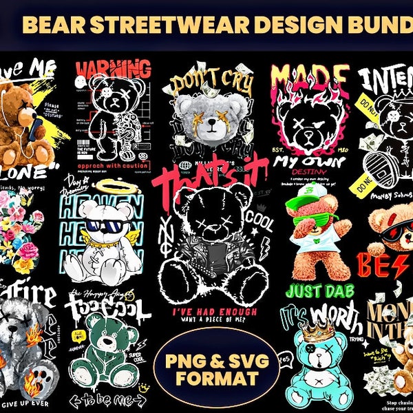 Bear T-shirt designs bundle, bear streetwear design bundle, streetwear design, teddy bear design, urban t-shirts, hip hop t-shirt, DTF, DTG