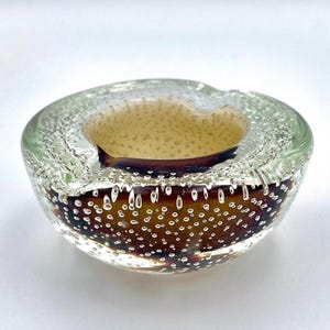 1960s Murano Bullicante Glass Pocket Ashtray | Vintage Amber Brown Sommerso Art Glass Trinket Bowl | Mid Century Modern Italian Glass 3.75“