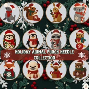 May include: A collection of holiday-themed punch needle art featuring various animals, each wearing a Santa hat and scarf. The animals include a seal, squirrel, rabbit, koala, hedgehog, penguin, raccoon, owl, fox, dog, reindeer, and beaver.