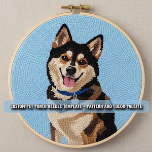 May include: A round, light blue punch needle art piece featuring a smiling dog with black, tan, and cream-colored fur. The dog wears a blue collar. The text "CUSTOM PET PUNCH NEEDLE TEMPLATE + PATTERN AND COLOR PALETTE" is displayed on the bottom.