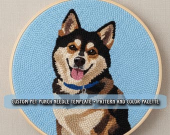 May include: A circular punch needle artwork of a smiling dog with black, tan, and cream fur, set against a light blue background. The dog wears a blue collar. Text reads "CUSTOM PET PUNCH NEEDLE TEMPLATE + PATTERN AND COLOR PALETTE".
