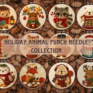 Op de afbeelding: Een verzameling punch needle kunstwerken met een vakantiethema, met verschillende dieren, waaronder een egel, een wasbeer en een pinguïn, elk in een feestelijke setting. De tekst "HOLIDAY ANIMAL PUNCH NEEDLE COLLECTION" is te zien. De achtergrond bestaat uit herfstbladeren.