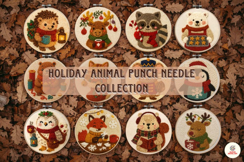 Christmas Animal Punch Needle Pattern | Holiday Embroidery DIY (PDF) - Etsy