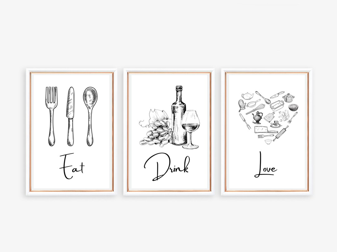 kitchen print set - kitchen wall art - set of 3 - a4 &... Printable Kitchen Wall Art - Set of 3 Kitchen Prints, Food Drink Print ...