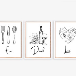 Printable Kitchen Wall Art - Set of 3 Kitchen Prints, Food Drink Print, Black and White Kitchen Digital Wall Decor, Gallery Kitchen Wall