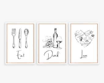 Printable Kitchen Wall Art Set of 3 Kitchen Prints, Food Drink Print ...