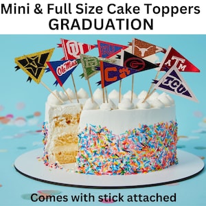 May include: A white cake decorated with colorful sprinkles and topped with mini pennant flags. The flags feature college logos and the text "GRADUATION". The cake is on a white plate and the text "Comes with stick attached" is visible.