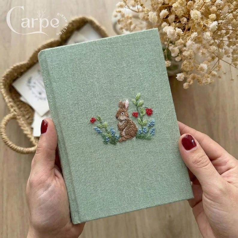 Hand Rabbit Embroidered Notebook, A5 Fabric Journal, Botanical Sketchbook, Nature Lover Gift, Cottagecore Stationery,Gift for Mom