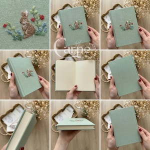 Hand Rabbit Embroidered Notebook, A5 Fabric Journal, Botanical Sketchbook, Nature Lover Gift, Cottagecore Stationery,Gift for Mom