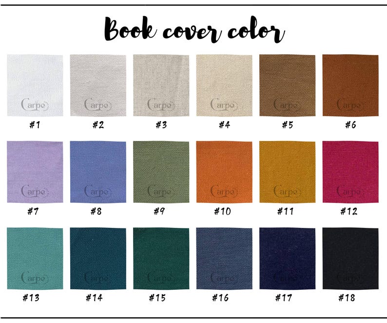 Pode incluir: Uma tabela de cores para capas de livros, com dezoito amostras de tecido em v&aacute;rias cores. As amostras est&atilde;o dispostas em linhas e colunas, cada uma rotulada com um n&uacute;mero e a palavra "Carpe". O texto "Book cover color" est&aacute; no topo.