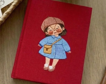 Cuaderno bordado de niña linda, diario de lino rojo, diario de tela kawaii, regalo