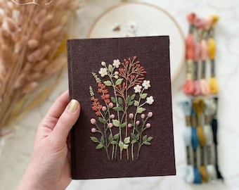Artisan Hand Embroidered Wildflowers Notebook, Embroidered Linen Cover Journal, Custom A5 Notebook, Adjustable Book Cover, Gift for Her