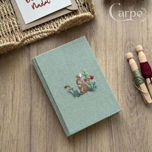 Hand Rabbit Embroidered Notebook, A5 Fabric Journal, Botanical Sketchbook, Nature Lover Gift, Cottagecore Stationery,Gift for Mom