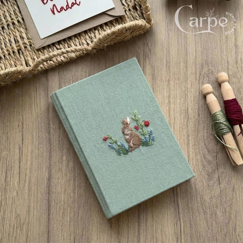 Hand Rabbit Embroidered Notebook, A5 Fabric Journal, Botanical Sketchbook, Nature Lover Gift, Cottagecore Stationery,Gift for Mom
