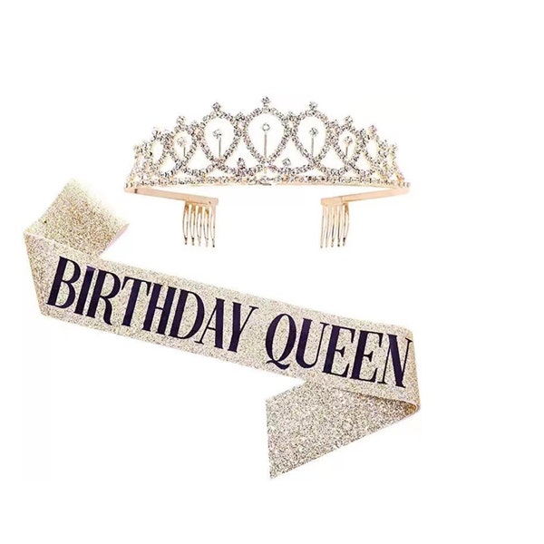 Happy Birthday Queen Glitter Sash and Rhinestone Tiara crown for Birthday Queen