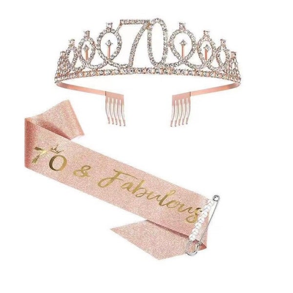 70 & Fabulous Birthday Glitter Sash and Rhinestone Tiara crown