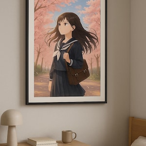 Beautiful digital anime art of a Japanese school girl under cherry blossoms — elegant, nostalgic, perfect for anime lovers.