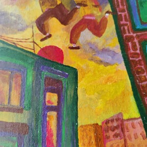 Abstract Figures Painting: Expressionist Cityscape, Acrylic on Canvas