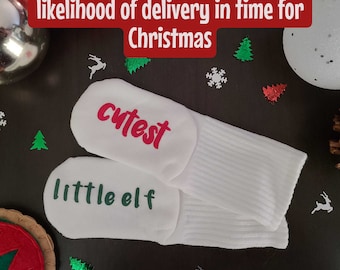Festive holiday grippy socks for toddlers kids & adults,cutest little elf,too cute for coal,merry Christmas,happy holidays,naughty nice gift