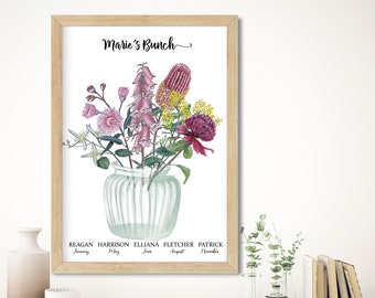 Personalised BIRTH FLOWER Print, Custom birth month flower, Custom family print, Australian native birth flower, Mothers Day, Christmas gift