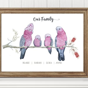 Impresión familiar personalizada de Galah, regalo personalizado, animal australiano, arte de pared personalizado, impresión de pájaro de acuarela, regalo, retrato familiar activo