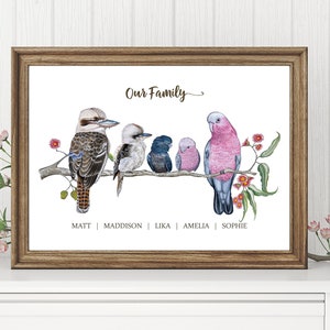 Gepersonaliseerde gemengde familie print aangepast cadeau Australische gemengde Australische inheemse vogel print kookaburra zwarte kaketoe regenboog lori Galah
