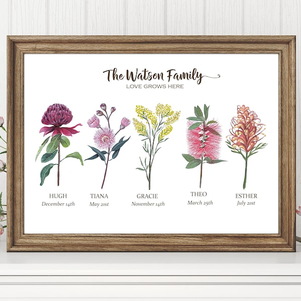 Personalised BIRTH FLOWER Print, Custom birth month flower, Custom family print, Australian native birth flower, Mothers Day, Christmas gift