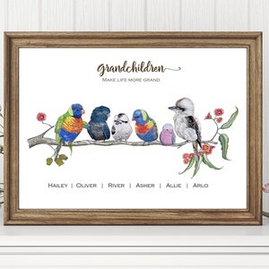 Personalised Grandparents Gift Australian Mixed native Birds personalized Art Watercolor bird Print Grandkids Gift, Grandpa Gift, nan, pop image 1