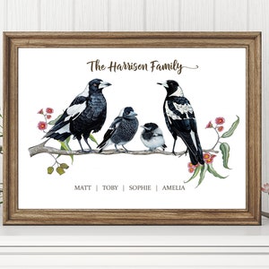 Personalisierte ELSTER Familie Druck individuelles Geschenk Australisches Tier personalisierte Wand Kunst Aquarell Vogel Druck, Geschenk, Familien Porträt