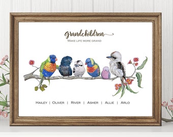 Personalised Grandparents Gift Australian Mixed native Birds personalized Art Watercolor bird Print Grandkids Gift, Grandpa Gift, nan, pop