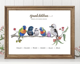 Personalised Grandparents Gift Australian Mixed native Birds personalized Art Watercolor bird Print Grandkids Gift, Grandpa Gift, nan, pop