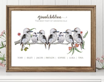 Personalised Kookaburra Grandparents Gift Australian Animal personalized Art Watercolor bird Print Grandkids Gift, Grandpa Gift, nan, pop