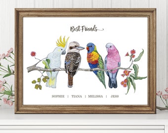 Personalised Friends, Nan, Mother, Grandma Gift, Australian Native Bird Print, Kookaburra Black Cockatoo Rainbow Lorikeet Galah Cockatoo