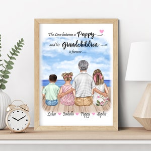 Personalized Poppy / Granddad Fathers day gift for Dad, Granddad and Kids Wall Art Illustration, Custom Poppy and Kids Print
