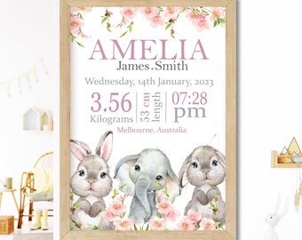 Personalised birth announcement nursery prints bedroom decor baby elephant safari christening New baby gift girls Wall art birth stats