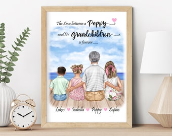 Papavero personalizzato / Nonno Regalo per la festa del papà per papà, nonno e bambini Illustrazione artistica da parete, stampa personalizzata di papaveri e bambini