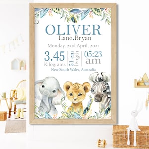 Impresiones personalizadas para anuncios de nacimiento, decoración de dormitorio, elefante bebé, safari, bautizo, regalo para bebé, arte mural para niños, estadísticas de nacimiento.