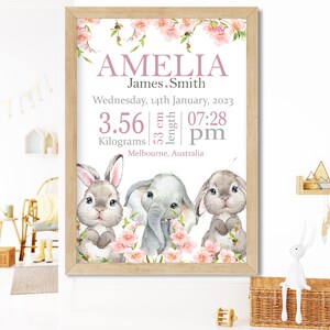 Personalised birth announcement nursery prints bedroom decor baby elephant safari christening New baby gift girls Wall art birth stats