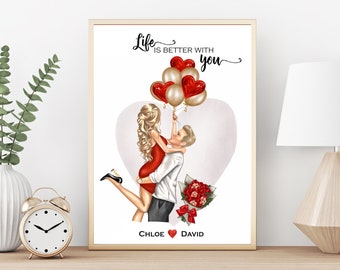Op de afbeelding: Een digitale illustratie van een stel dat rode en gouden ballonnen in de vorm van een hart vasthoudt. De tekst "Life is better with you" staat boven het stel. De namen "Chloe" en "David" staan onder het stel.