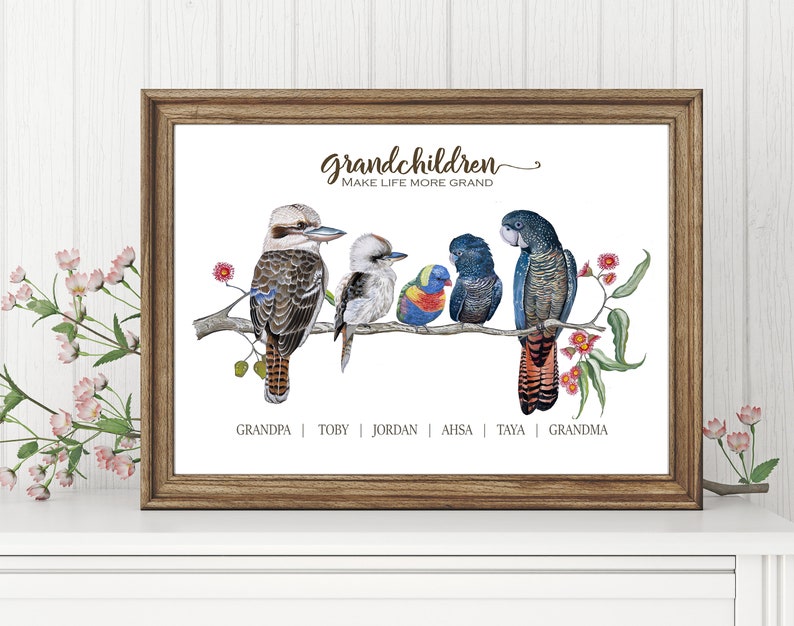 Personalised Grandparents Gift Australian Mixed native Birds personalized Art Watercolor bird Print Grandkids Gift, Grandpa Gift, nan, pop image 6